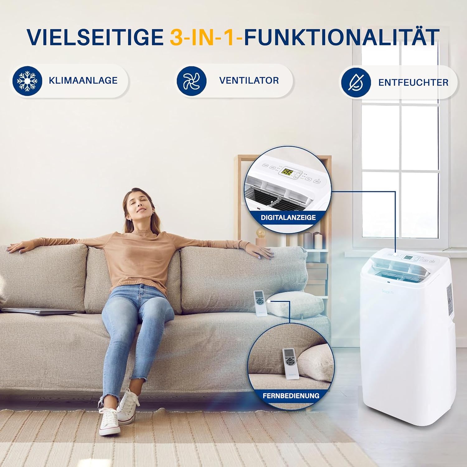 SereneLife Climatizzatore portatile, dispositivo di raffreddamento ad aria mobile 3 in 1 con tubo di scarico - Refrigeratore ad aria, deumidificatore e ventilatore, climatizzatore 9.000 BTU, 1,5 L umidità/ora, raffredda ambienti fino a 42 m