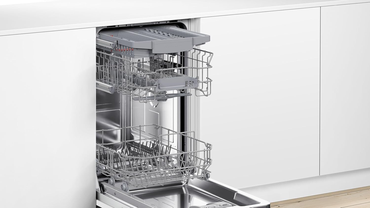 Bosch SPV2IKX10E Serie 2 Lavastoviglie smart a scomparsa totale, larghezza 45 cm, Cestello posate, Extra Asciugatura con la pressione di un pulsante, InfoLight punto luce rosso sul pavimento, AquaStop protezione dai danni causati dall'acqua, Bianco