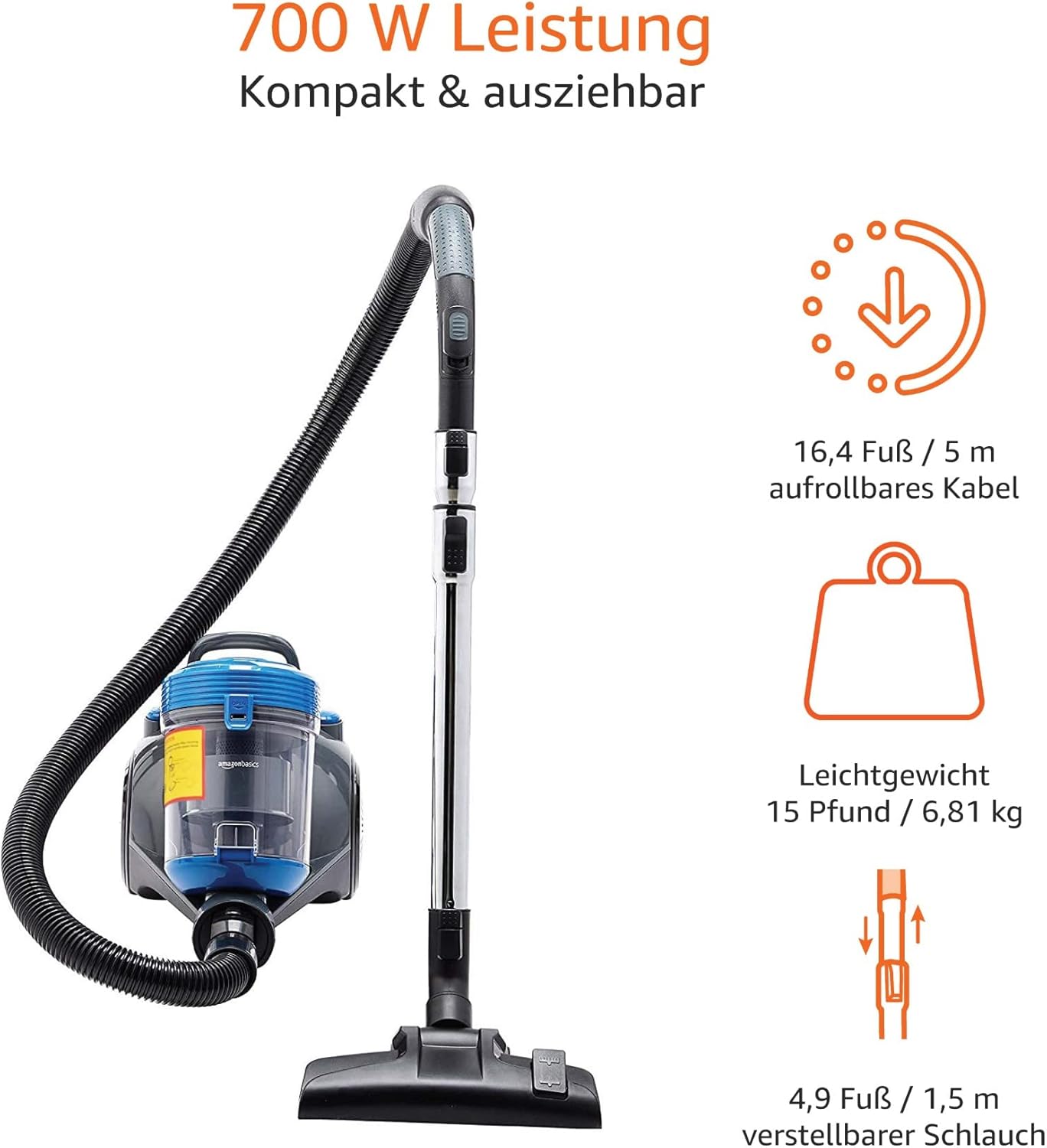 Amazon Basics - Aspirapolvere con sacchetto, potente, compatto e leggero, per pavimenti duri e tappeti, filtro HEPA, 700 W, 1,5 l, UE, nero
