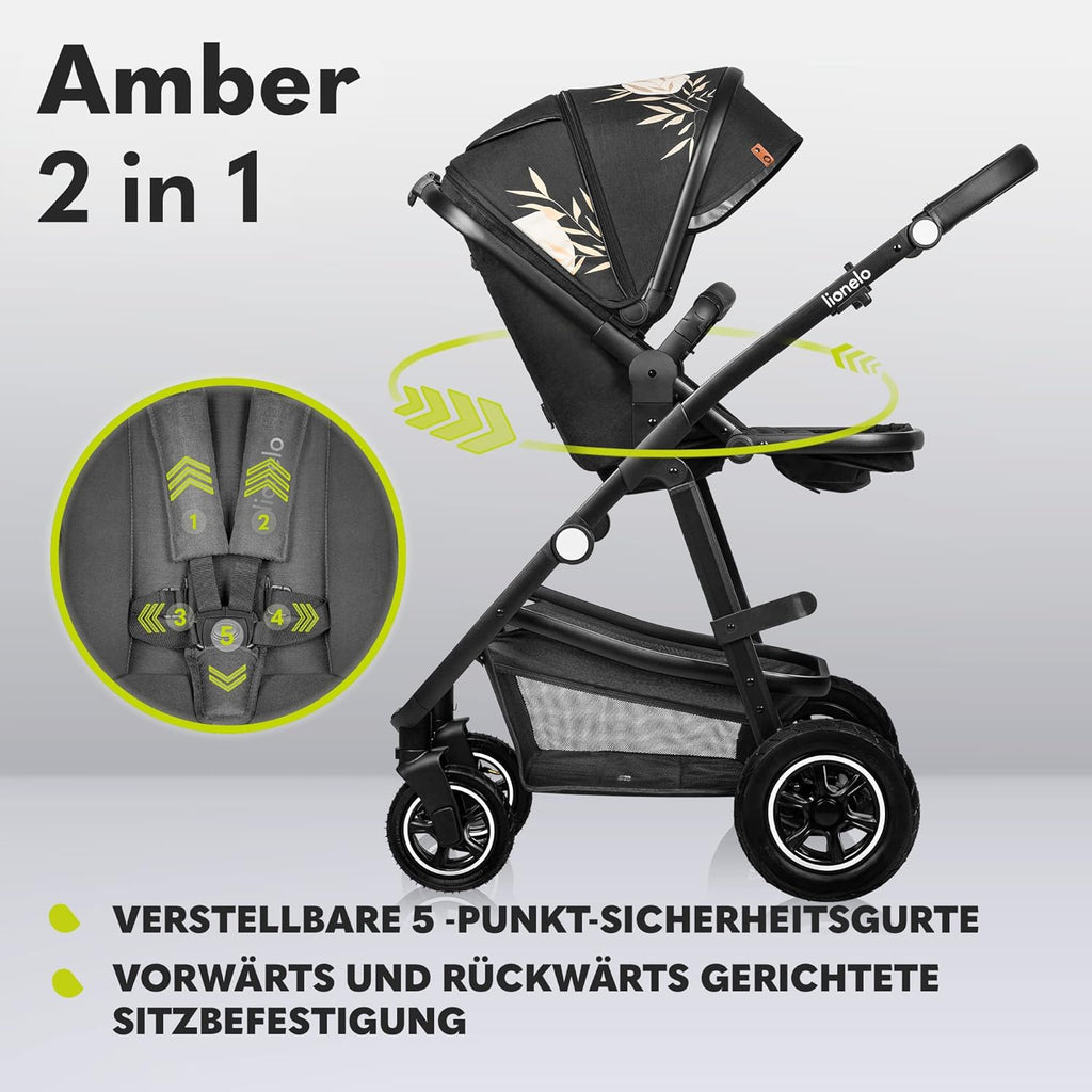 LIONELO Amber Kinderwagen 2 in 1 Kombikinderwagen, Kinderwagen Set mit sportlichen Sitz und fester Babywanne, Tasche, Moskitonetz, Abdeckung Regenblatt (Graphit)