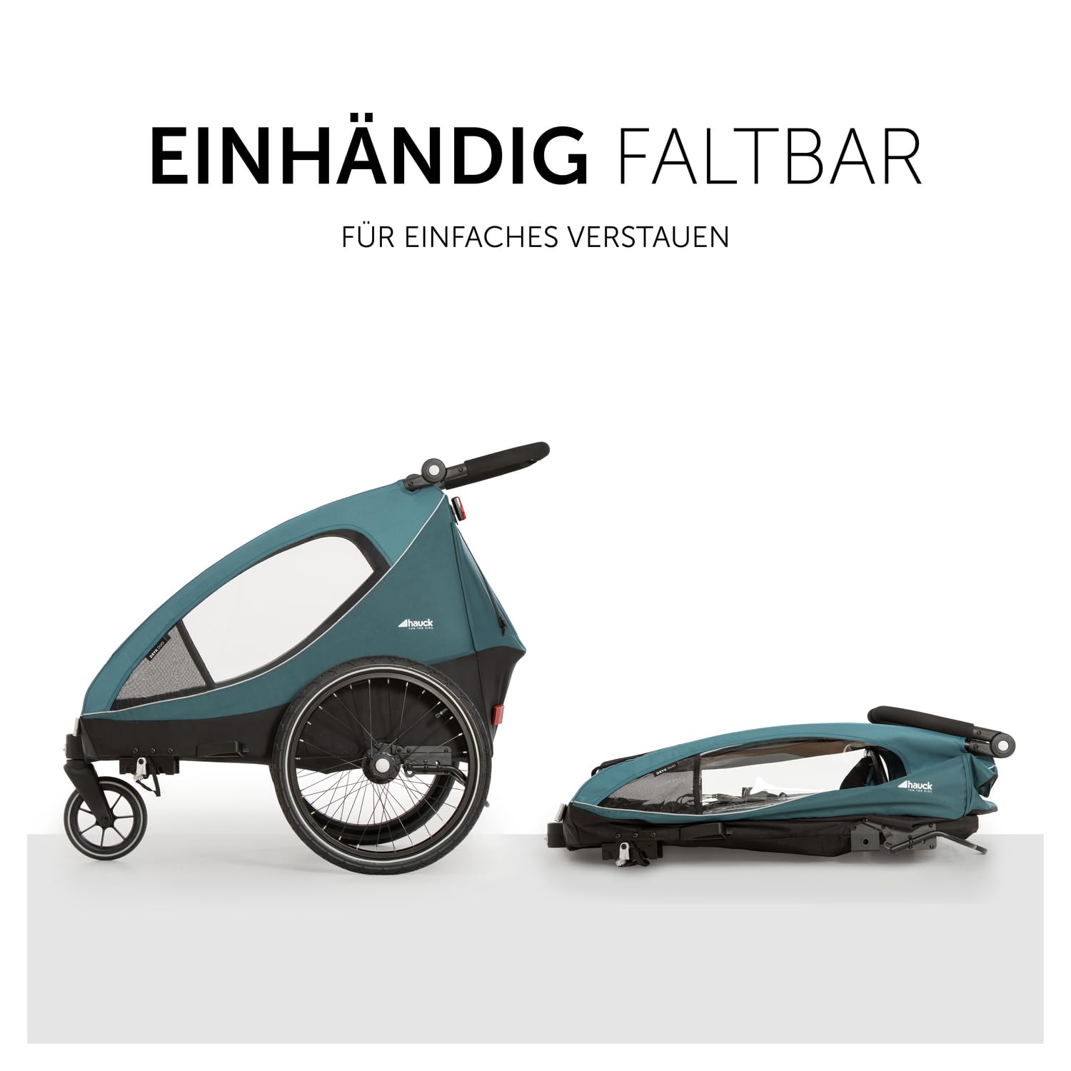 hauck Rimorchio Bici & Passeggino Dryk Duo Plus con Sospensioni, per 2 Bambini (6-48 mesi), incl. Timone, Ruota da Passeggino, Bandierina e Luce LED, Pieghevole, Regolabile in Altezza, Baule XL (Verde Scuro)