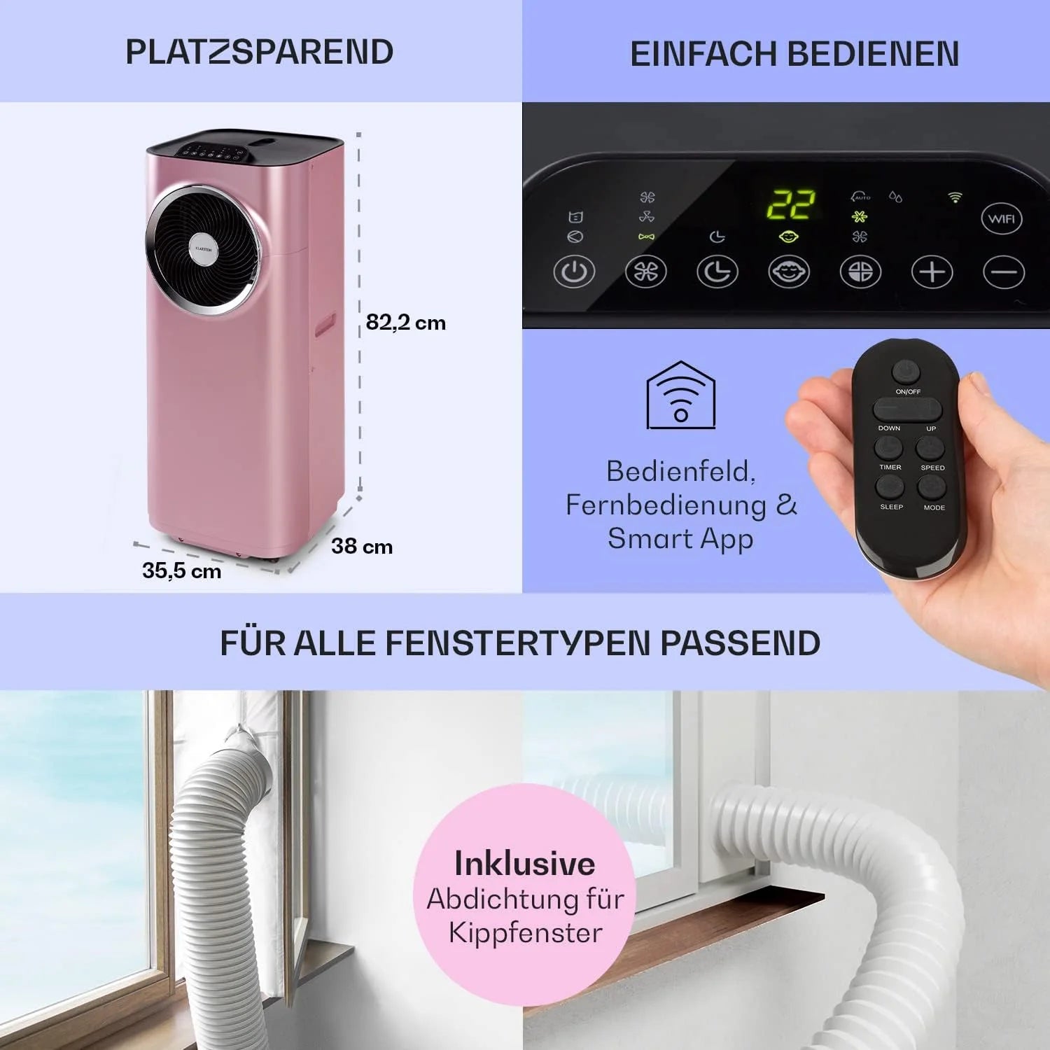Klarstein Condizionatore Portatile 5-in-1 con Tubo di Scarico, Ventilatore, Deumidificatore, Purificatore d'Aria e Modalità Notturna, Controllo tramite App, Piccolo e Portatile, per Casa e Ufficio, 12000 BTU