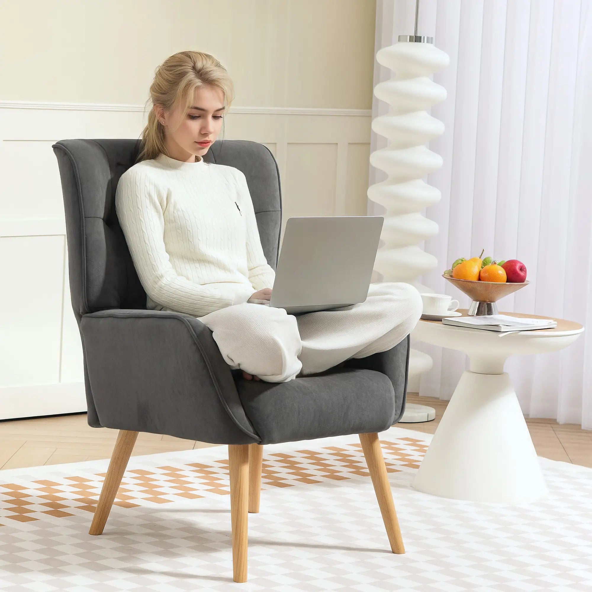 HOMCOM Poltrona imbottita per lounge, con trapuntatura confortevole, gambe in legno, velluto grigio