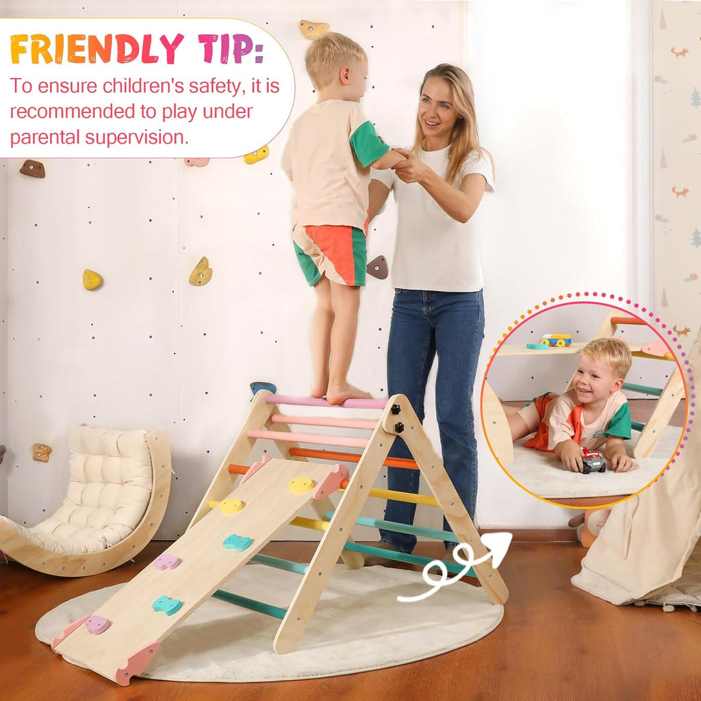 Set di triangoli con cuscino, set da arrampicata Montessori 5 in 1 pieghevole, set da arrampicata per interni per bambini, giocattolo da arrampicata in legno con rampa e arco da arrampicata per bambini (colore legno)