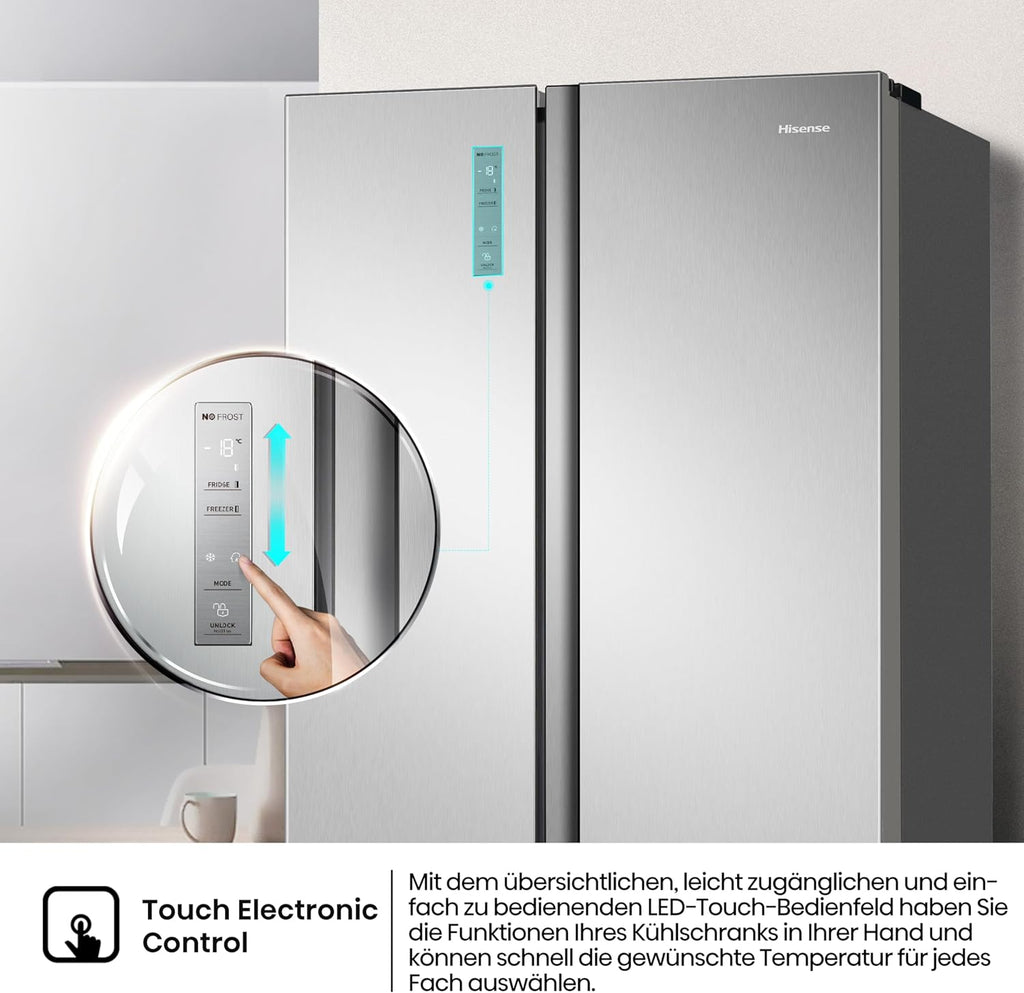 Hisense RS677N4BFD Frigorifero Americano Side by Side / Compressore Inverter / Porta Bottiglie / 2 FreshZone / Vano Verdure / Capacità Frigo 334 L / Capacità Congelatore 185 L / 41 dB / 247 kWh all'anno, Nero
