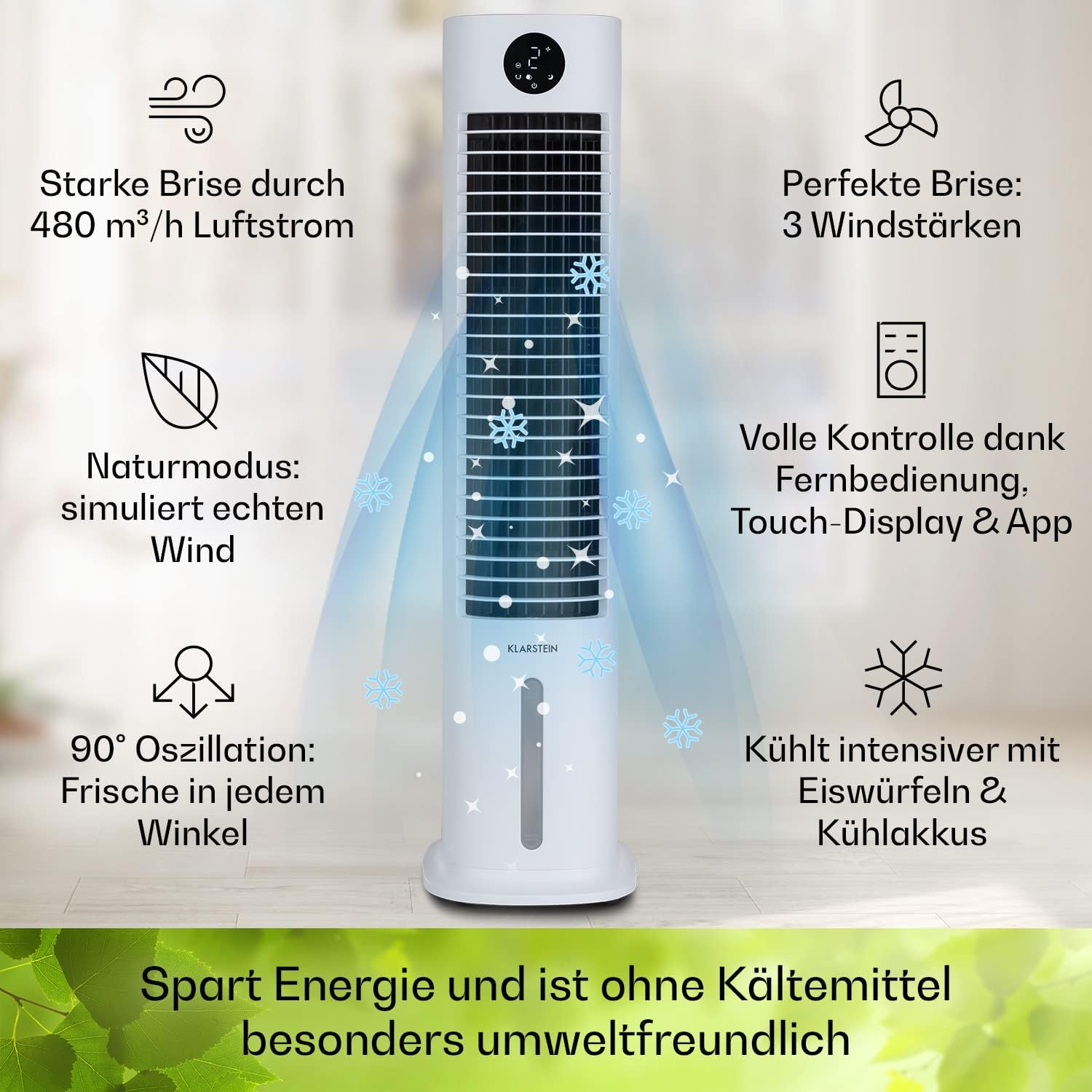 Klarstein Raffreddatore d'aria con Raffreddamento ad acqua, Raffrescatore Evaporativo 5 in 1, Umidificatore, Ventilatore e Purificatore d'aria, Raffreddatore d'aria Portatile con Controllo App, 80W, Flusso d'aria 462m³/h, Bianco