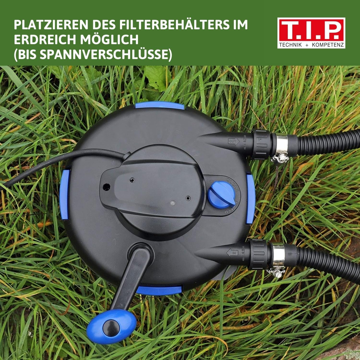 T.I.P. Filtro per laghetto - Set filtro a pressione per laghetto (capacità laghetto 5.000 l, portata 1.500 l/h, UV-C 9 Watt, funzione di controlavaggio integrata, inclusa pompa, lampada UV-C, tubi flessibili, materiale filtrante) TFP 5000 UV 9, 30297