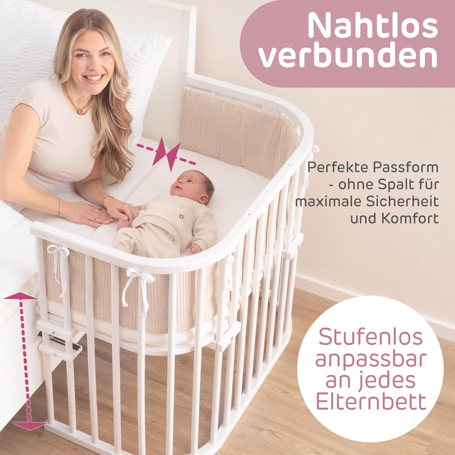 babybay Original Lettino da affiancare in massello di faggio / compatto e trasformabile / Altezza regolabile senza livelli preimpostati ed ecologico / Lettino evolutivo (laccato bianco) / Materasso incluso