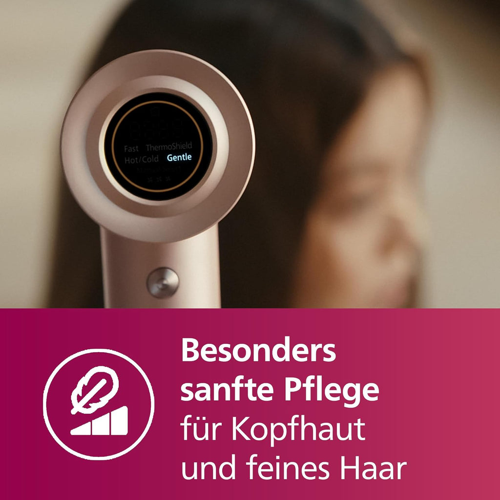 Philips Asciugacapelli ad Alta Velocità Serie 8000, ThermoShield Advanced, Ionic, Concentratore & Diffusore, Cura del Cuoio Capelluto, 1400 W, Rose Champagne, Modello BHD837/10