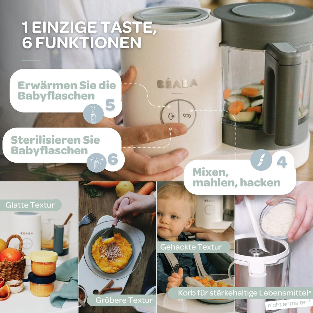 Béaba - Babycook Neo - 6 in 1 Babynahrungszubereiter - Schonender Dampfgarer - Glaskrug und Garkorb aus Edelstahl - Mineralgrau