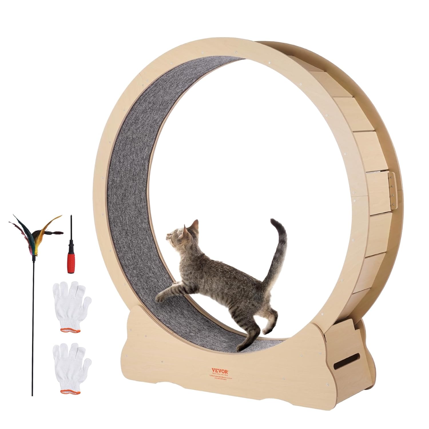 VEVOR Ruota Esercizio per Gatti in Legno, Tapis Roulant per Gatti da Interno da 132 cm, Ruota per Gatti con Moquette Rimovibile e Bacchetta Giocattolo per Gatti per Corsa/Camminata/Esercizio, Adatta per la Maggior Parte dei Gatti Fino a 13 kg