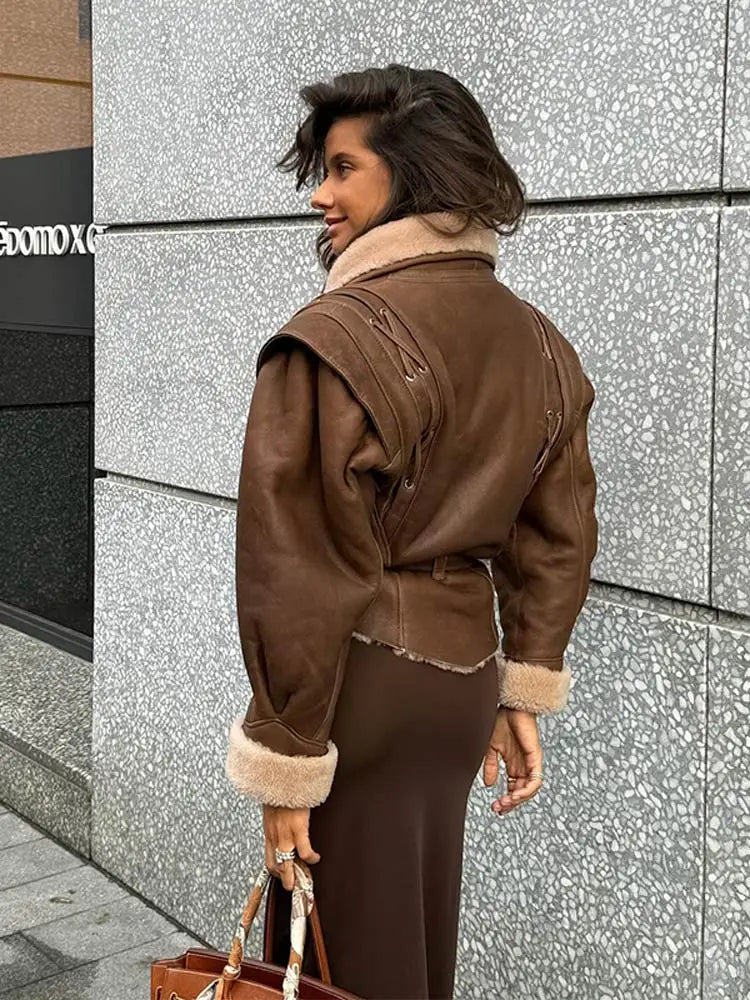 Brown Leather Jacket With Fur And Belt