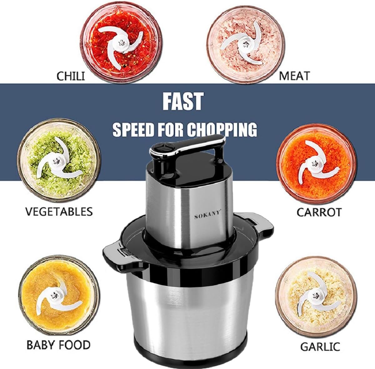 SOKANY Tritacarne Elettrico da Cucina 1500W con Ciotola in Acciaio Inox da 6,5L, Tritatutto con 3 Livelli di Velocità, Robot da Cucina con 4 Lame per Carne, Cipolle, Frutta, Verdura