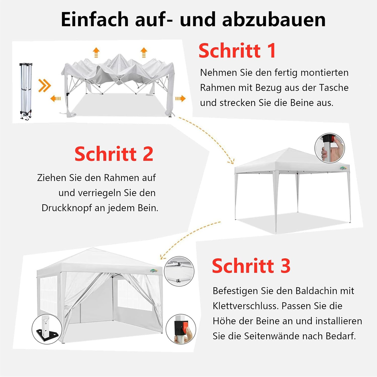 COBIZI Gazebo Pieghevole 3x6 Impermeabile Stabile con 6 Pareti Laterali, Tenda a Padiglione con Tetto a Punta, 3 Altezze Regolabili, Protezione UV, Borsa per Il Trasporto, Picchetti, Corde per Giardino, Matrimoni, Mercati, Eventi all'Aperto