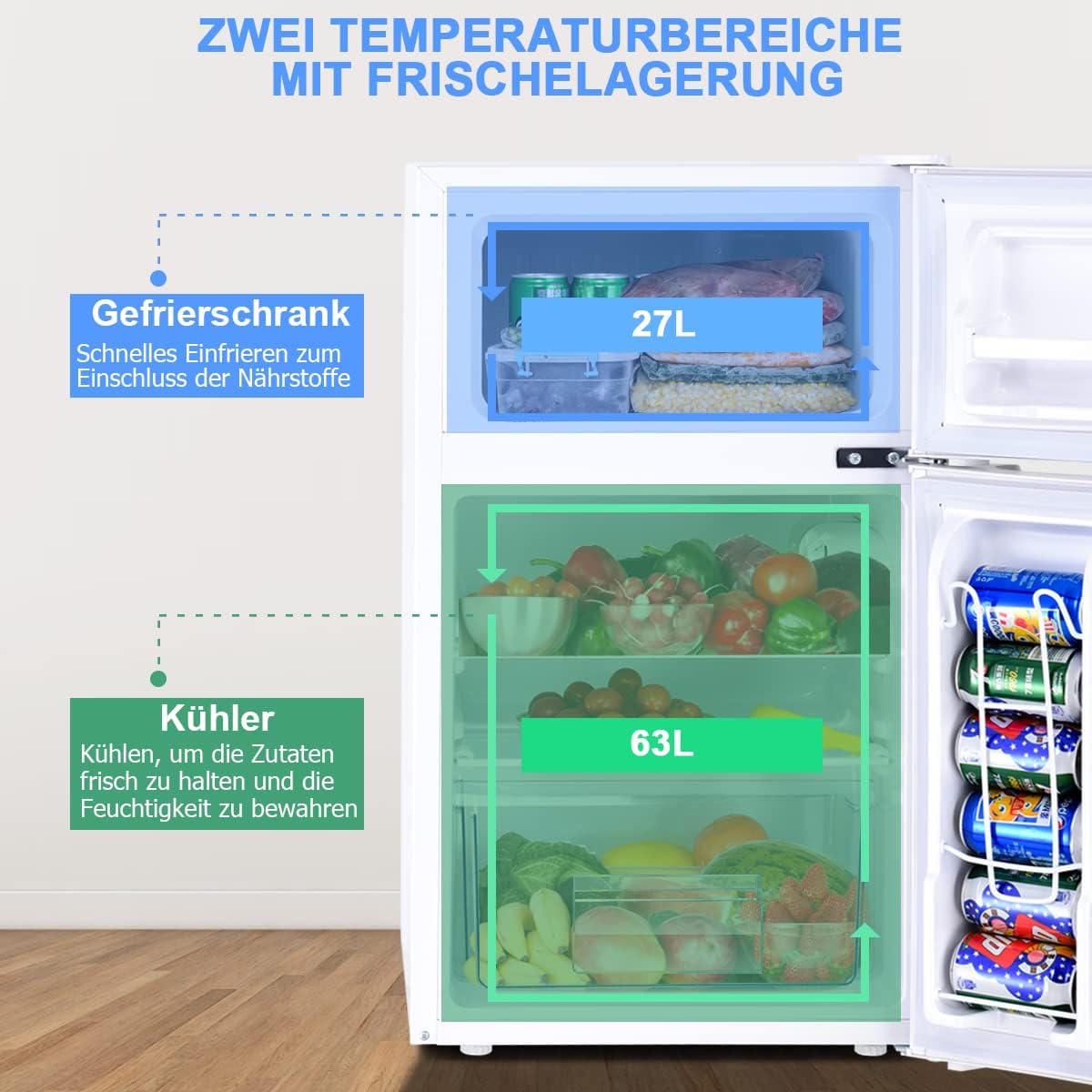 GOPLUS Frigorifero con congelatore - Combinazione frigo-congelatore / Capacità totale 90L, vano congelatore 27L / Termostato regolabile / Illuminazione interna a LED / Cerniera porta reversibile (Bianco)