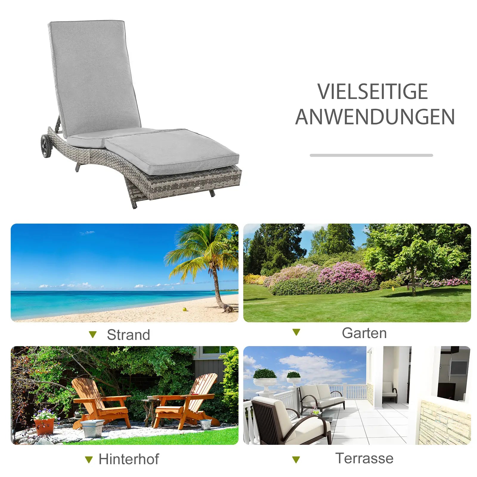 Outsunny Lettino prendisole in polyrattan regolabile con ruote grigio