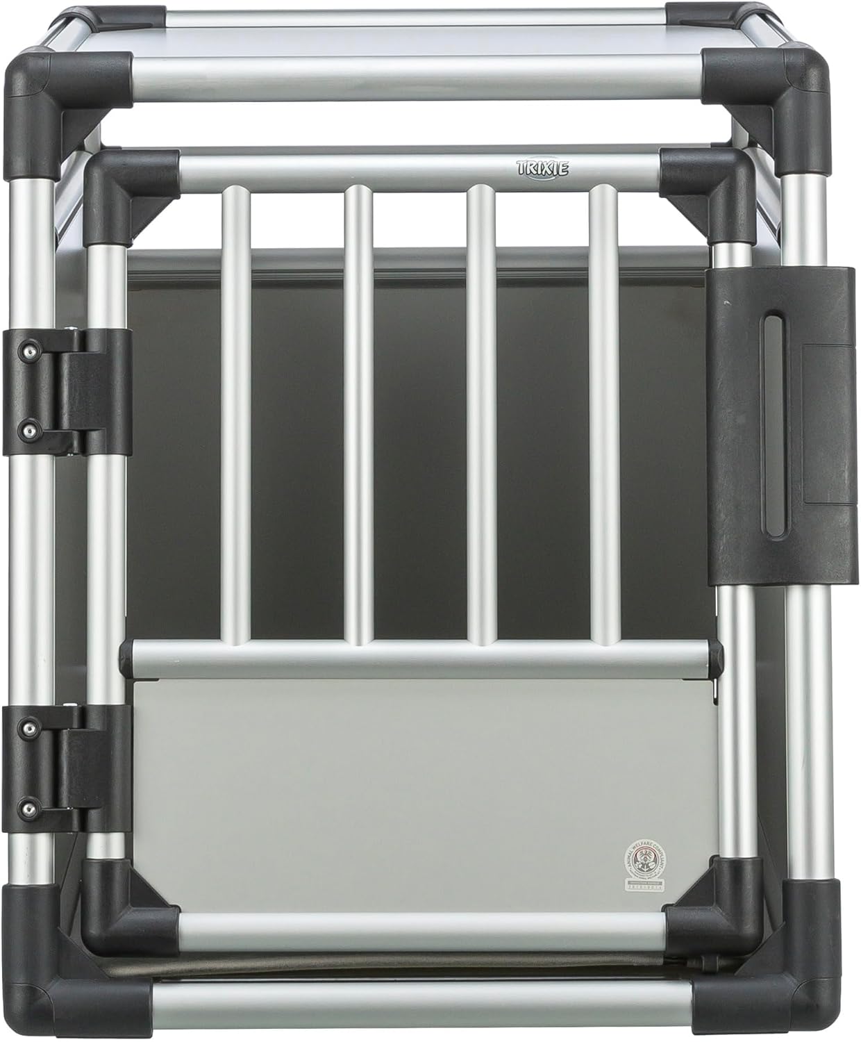 TRIXIE Hunde-Transportbox Aluminium in silber – M: 55 × 62 × 73 cm, stabile und geräuscharme Hundebox mit abgeschrägten Seiten, Sicherheitsverschluss & rutschfester Liegematte – 39342