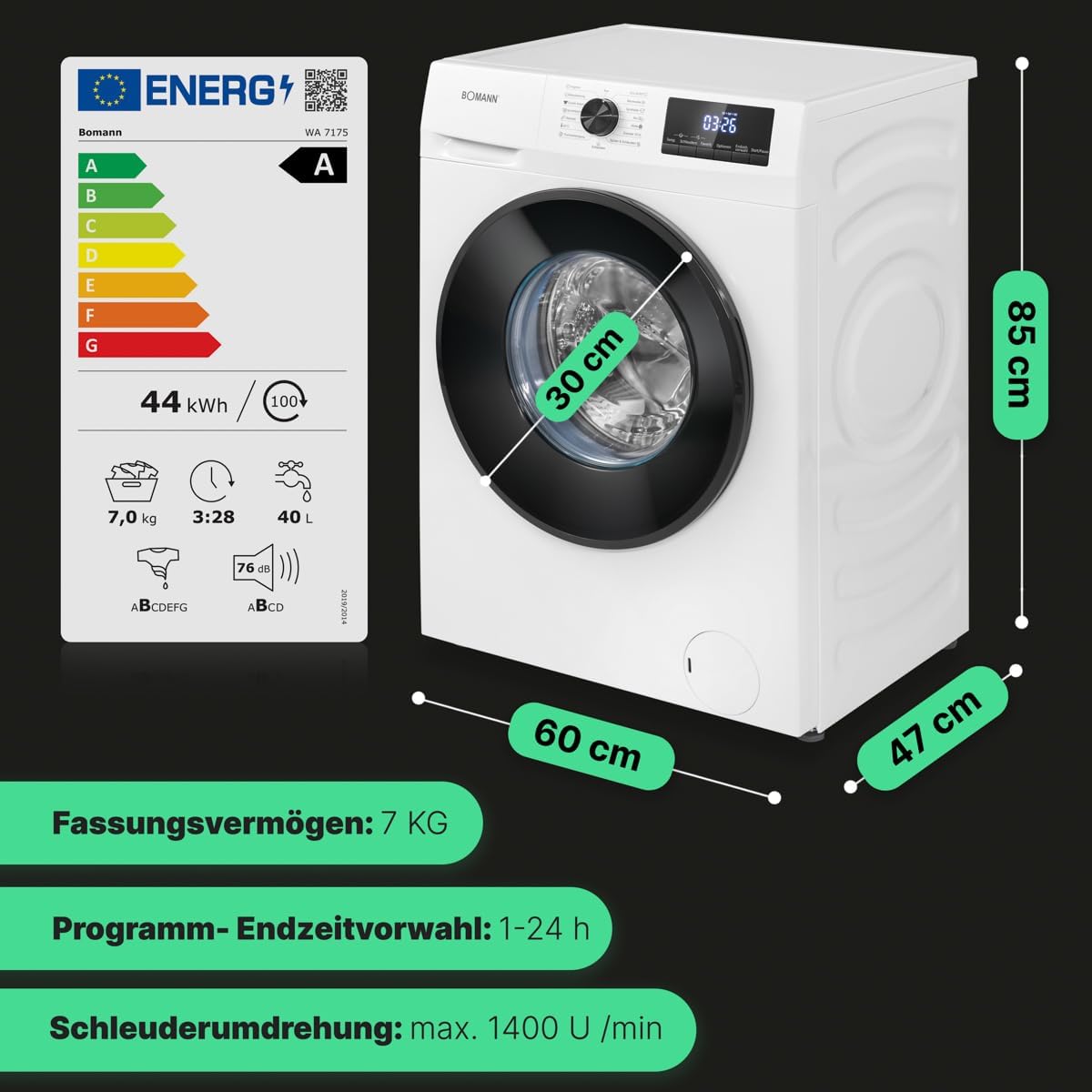 Lavatrice Bomann 7kg | max. 1400 giri/min | 10 anni di garanzia sul motore | Motore inverter efficiente, silenzioso e durevole | 15 programmi | Programmazione fine ciclo | Display LED | WA 7175 bianca