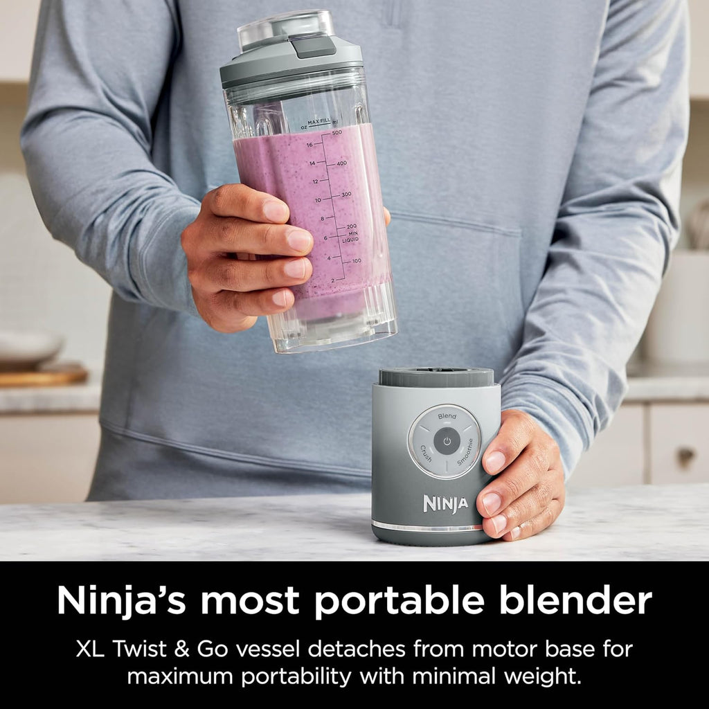 Ninja Blast Max, Tragbarer Mixer + Twist & Go, Personal Blender, Smoothie, Blend, Ninja Crush, 3 Programme, kabellos, 625 ml abnehmbares Gefäß, spülmaschinenfest, auslaufsicher, Silber