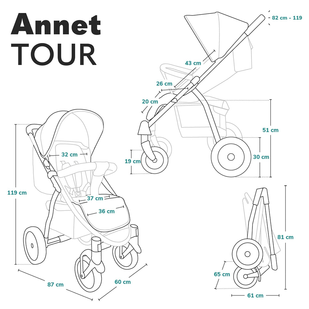 LIONELO Annet Tour Kinderwagen bis 22 kg, verstellbarer Griff, zusammenklappbar, verstellbare Rückenlehne bis zur Liegeposition, wartungsfreie Räder, XXL-Verdeck, 5-Punkt-Gurt, Einkaufskorb
