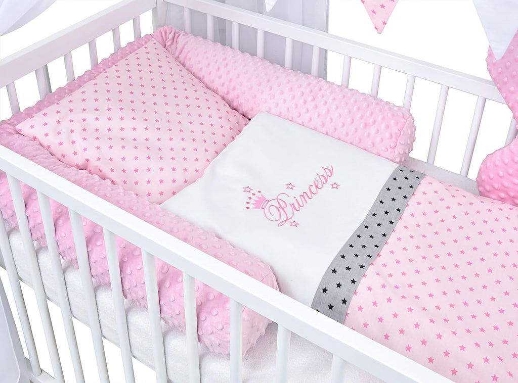 Baby Delux Lettino per Bambini Set Completo Casetta 60x120 cm Bianco con Cassetto Sponda Paracolpi Materasso Biancheria da Letto Set Decorativo (Stelle del Principe)