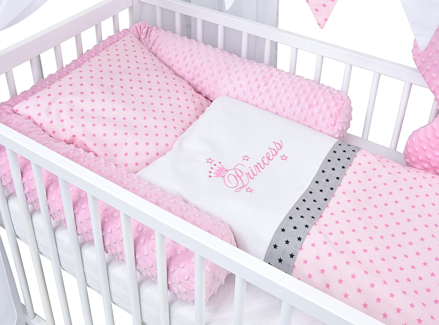 Baby Delux Lettino per Bambini Set Completo Casetta 60x120 cm Bianco con Cassetto Sponda Paracolpi Materasso Biancheria da Letto Set Decorativo (Stelle del Principe)