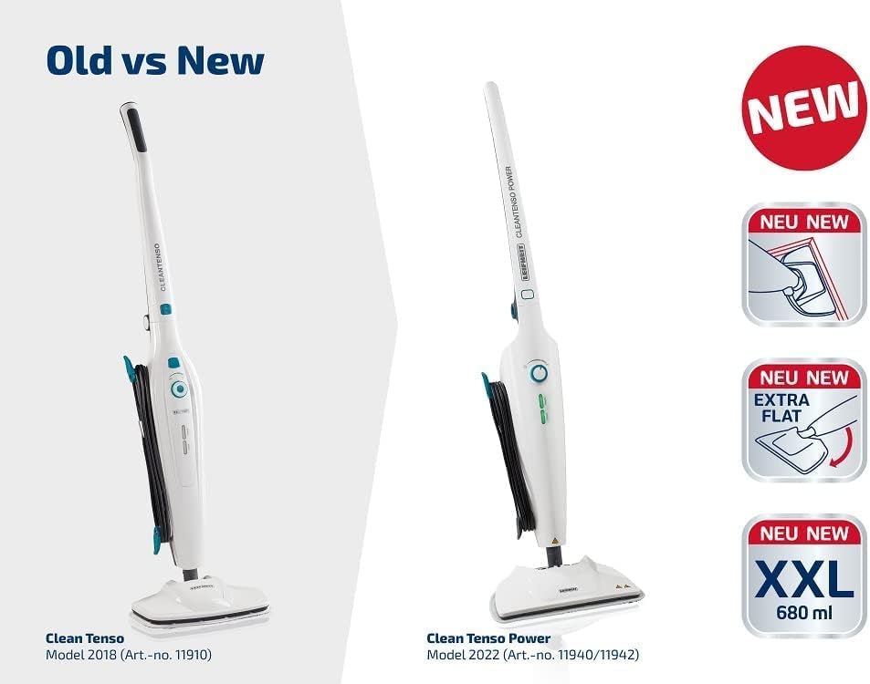 Leifheit Pulitore a vapore CleanTenso Power 2.0 con vapore caldo contro i batteri, Mop a vapore con tempi di riscaldamento brevi e 50 minuti di autonomia, Scopa a vapore per la pulizia degli angoli, Spazzola a vapore dal design moderno