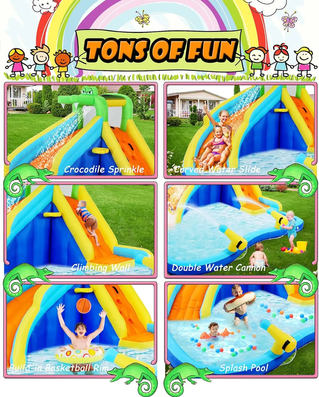 Scivoli d'acqua gonfiabili per bambini, parco acquatico gonfiabile 8-in-1 con soffiatore da 450 W, parete da arrampicata, piscina, 2 cannoni ad acqua, canestro da basket, scivolo ad acqua, irrigatore a coccodrillo come regalo per una festa in giardino