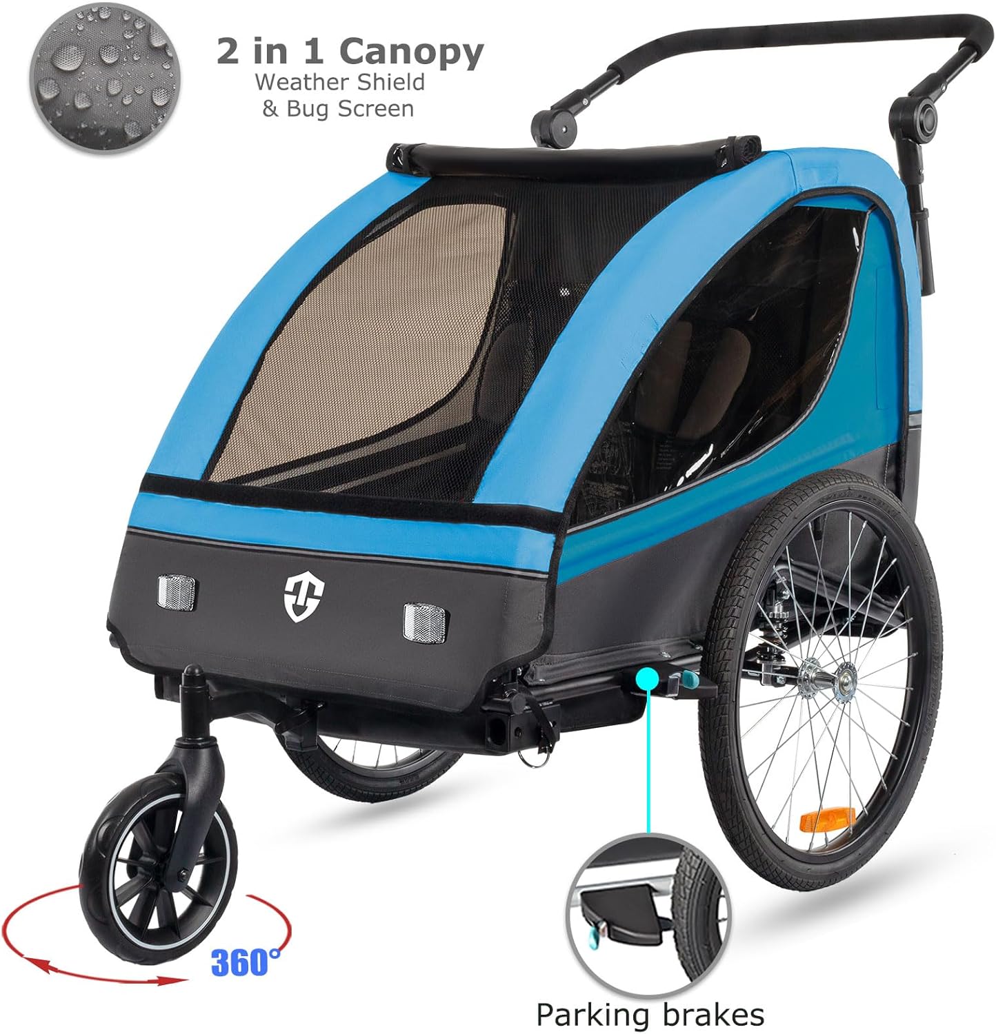Tiggo VS Kinderanhänger 360° Drehbar mit Federung 2in1 Fahrradanhänger mit Buggy Set Jogger 5-Punkt Gurt Fahrrad Anhänger für 1 bis 2 Kinder max. 40kg