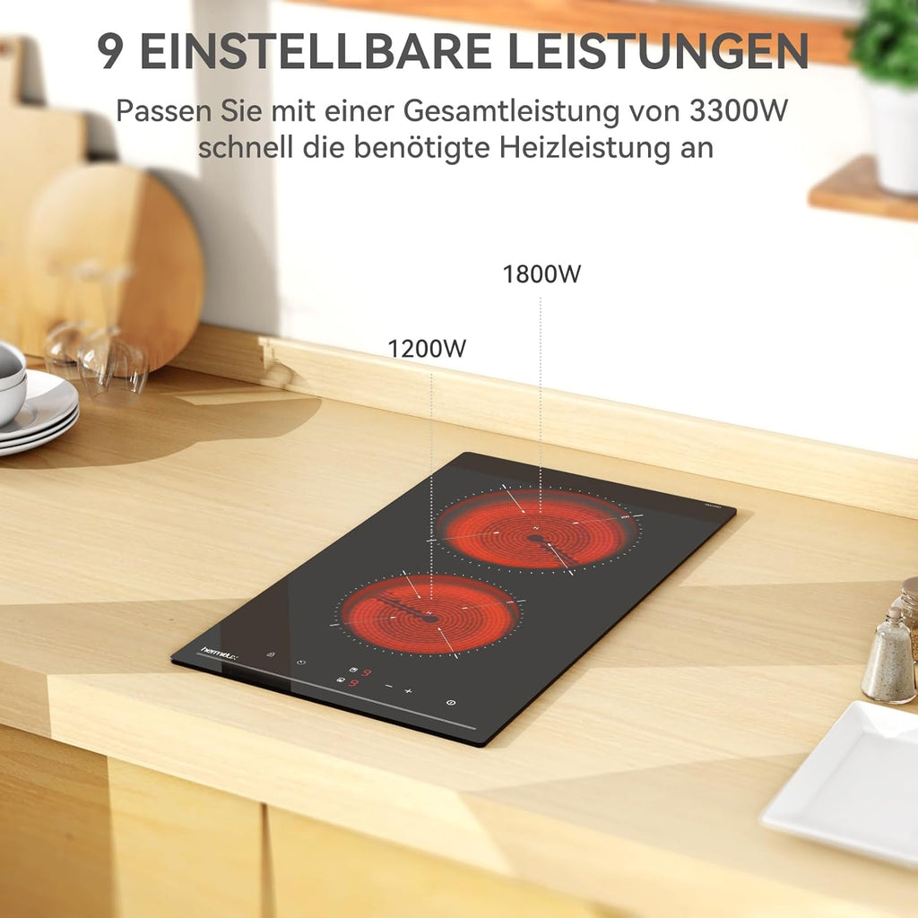 Hermitlux Domino Glaskeramikkochfeld,Eingebaut 29 cm schwarz Glaskeramik elektrisches Kochfeld,9 Leistungsstufen,Sensor-Touch-Steuerung, Kindersicherung, 1-99 Minuten-Timer,Geeignet für Alle Tpfe