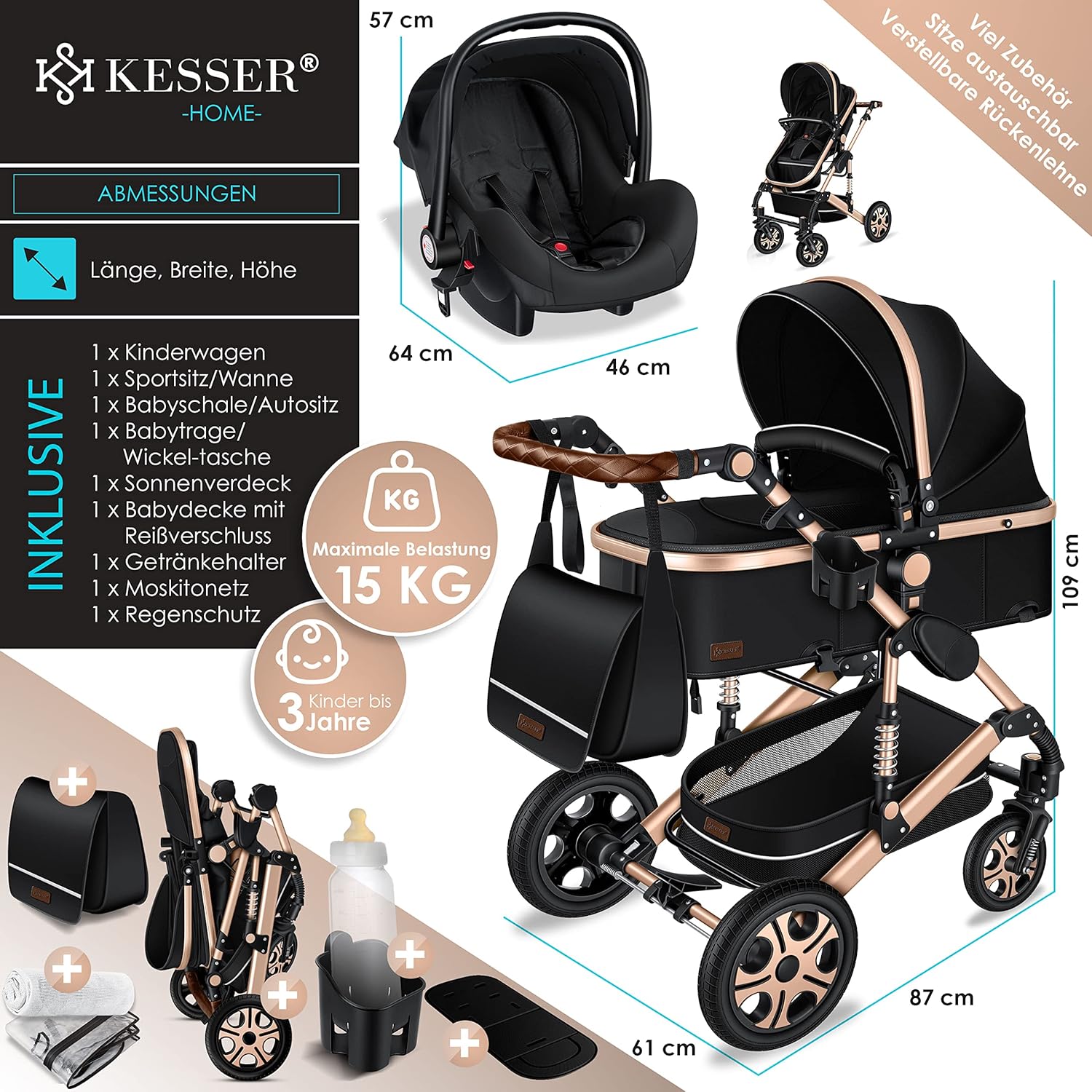 KESSER Passeggino trio Loops 3 in 1, set completo con navicella, seduta sportiva e seggiolino auto con pneumatici in gomma piena, borsa fasciatoio, parapioggia, tavolino, ECE R129, nero/champagne
