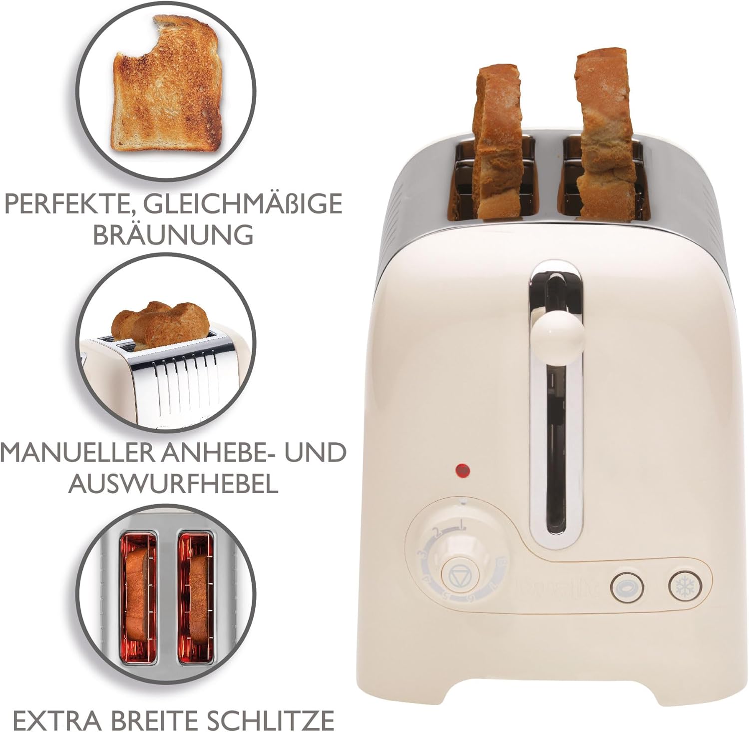 Tostapane Dualit Lite a 2 Fette - 1,1kW Tosta 60 Fette di Pane Tostato All'ora - Lucido con Bordo in Bianco Canvas - Funzione Bagel e Scongelamento - Tostapane Bianco Canvas con Fessure Larghe 36mm