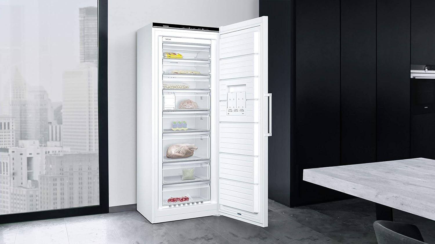 Siemens GS54NAWCV iQ500 Congelatore verticale, 176 x 70 cm, 327 L, NoFrost mai più sbrinamento, bigBox spazio per alimenti di grandi dimensioni, varioZone ripiani e cassetti flessibili in vetro, Bianco