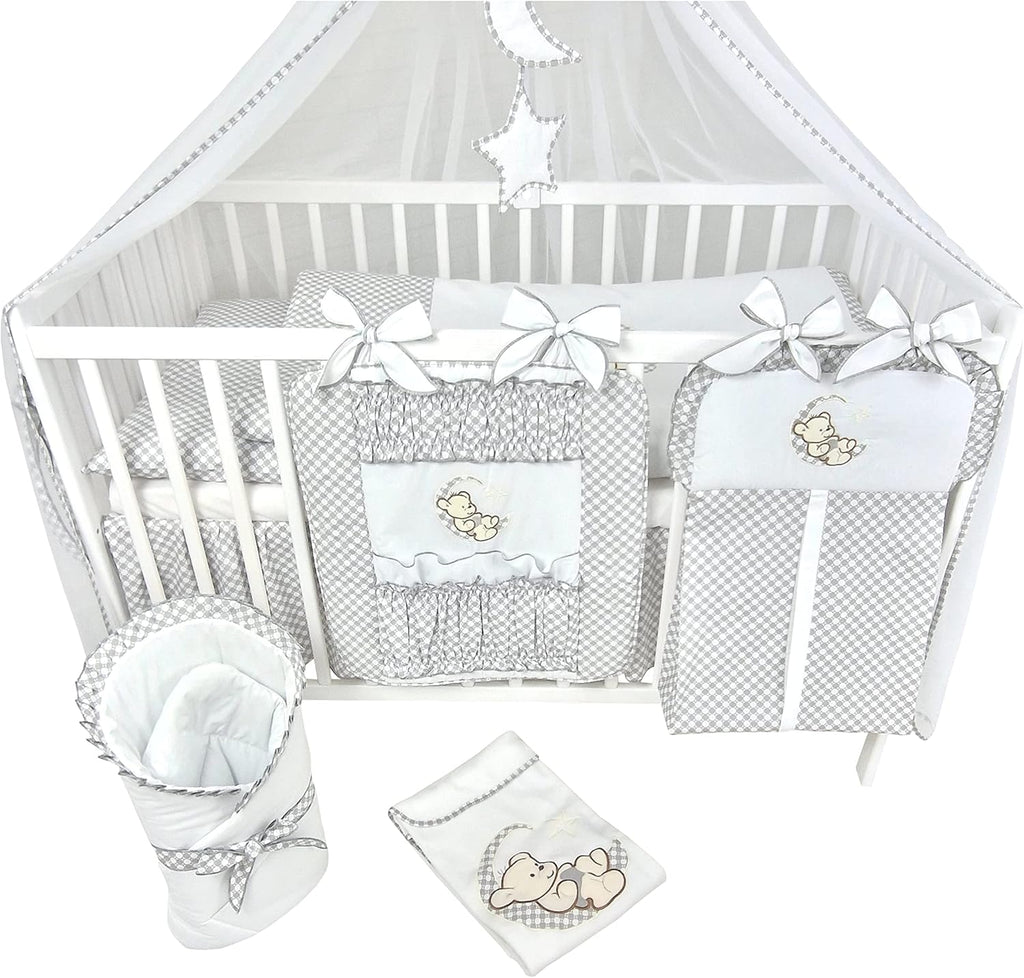 Bello24 - Set completo di 16 pezzi per culla e biancheria da letto Happy Leo, con materasso regolabile in altezza per neonati e bambini piccoli, in legno massello (Grigio - Orsetto Luna)