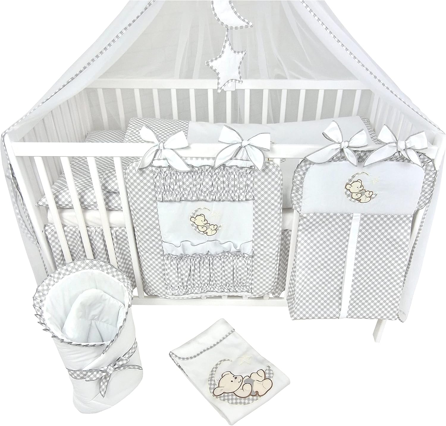 Bello24 - Set completo di 16 pezzi per culla e biancheria da letto Happy Leo, con materasso regolabile in altezza per neonati e bambini piccoli, in legno massello (Grigio - Orsetto Luna)