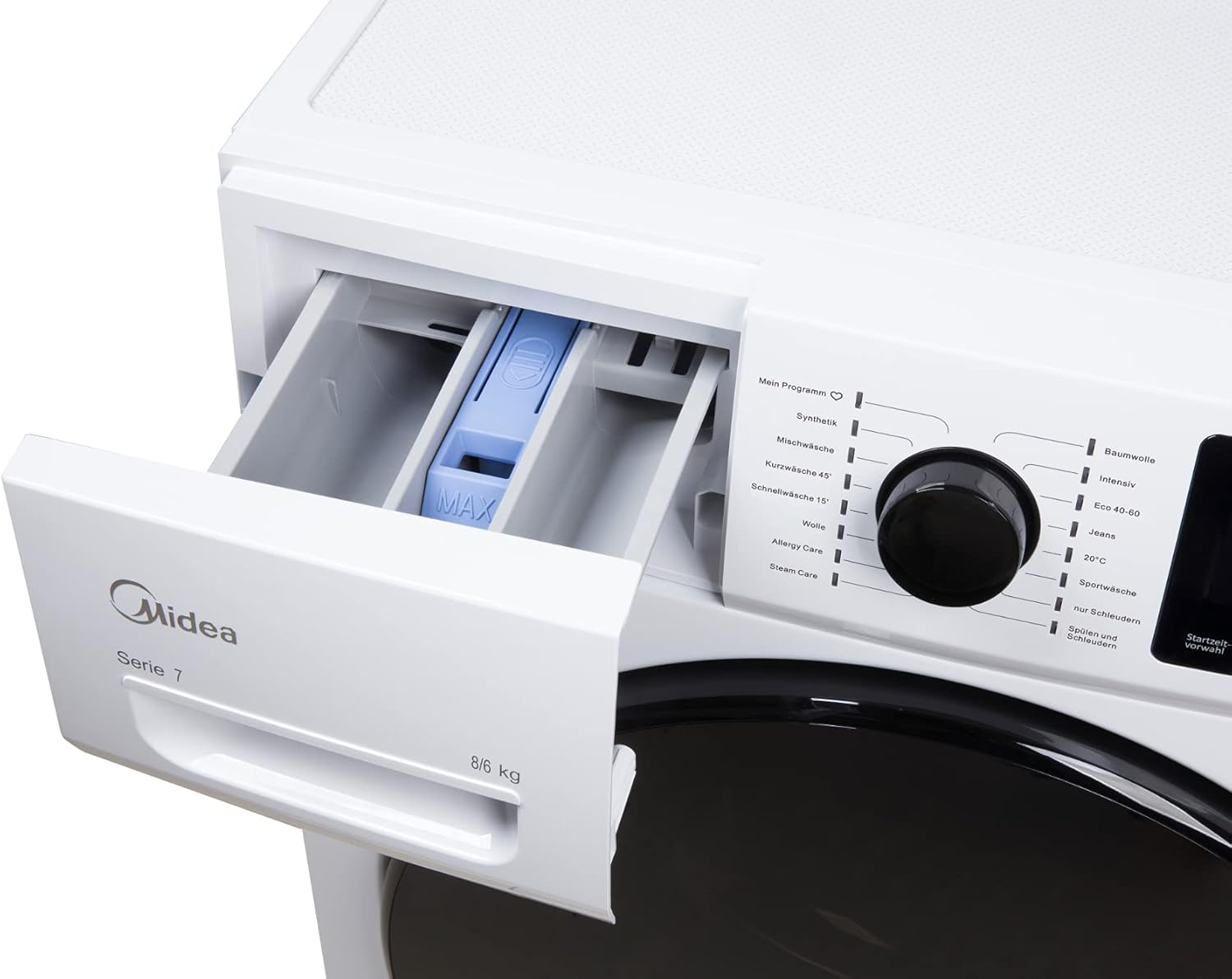 Lavasciuga Midea MF200D86WB-14EAS, 8/6kg lavaggio/asciugatura, Motore Inverter, Refresh, 60 min. Lavaggio e Asciugatura, Steam Care, Turbo Wash, 48 cm profondità, Controllo APP, AquaStop