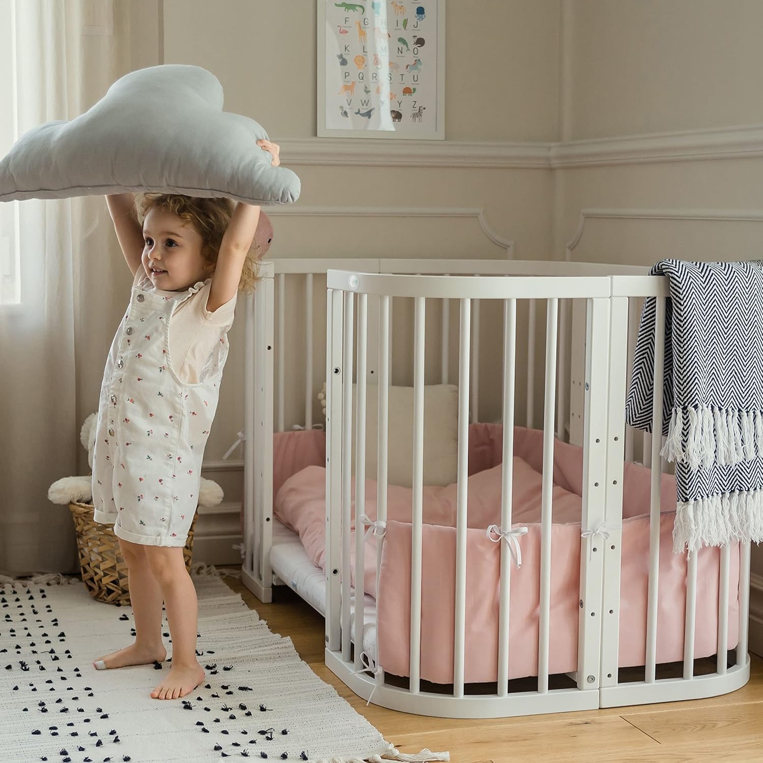 Waldin Lettino per bambini in legno 7in1 con materasso, Letto "Cresci con me", Ventilato, Base regolabile in 5 altezze, Set All-Inclusive, Legno Bianco
