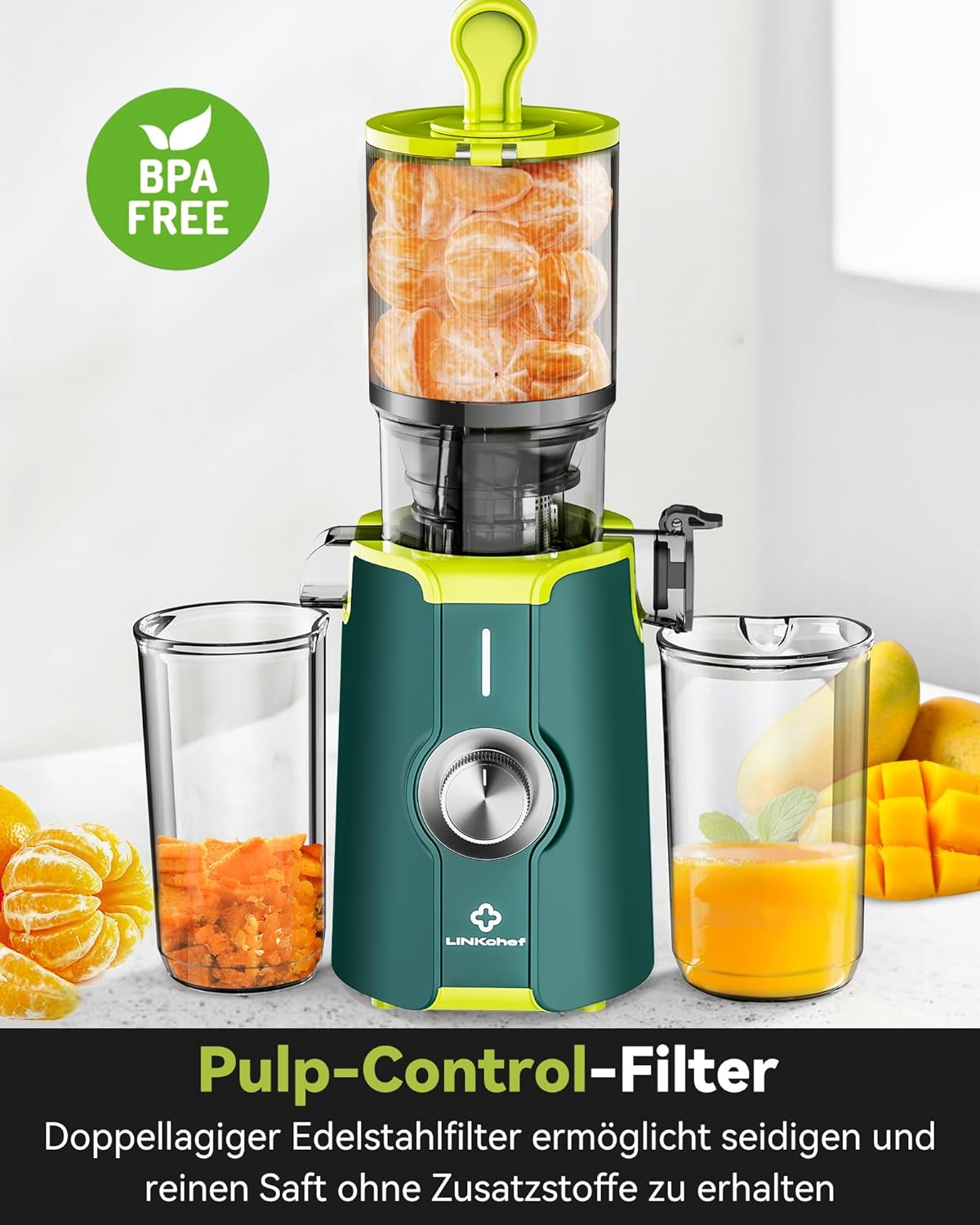 LINKChef Schnellreinigungs Entsafter, NO-Prep Entsafter Gemüse und Obst, Blitzreiniger Saftpresse Slow Juicer Testsieger mit Einfacher Installation, BPA Frei, 115mm, 1.2L, 200w Schwarz