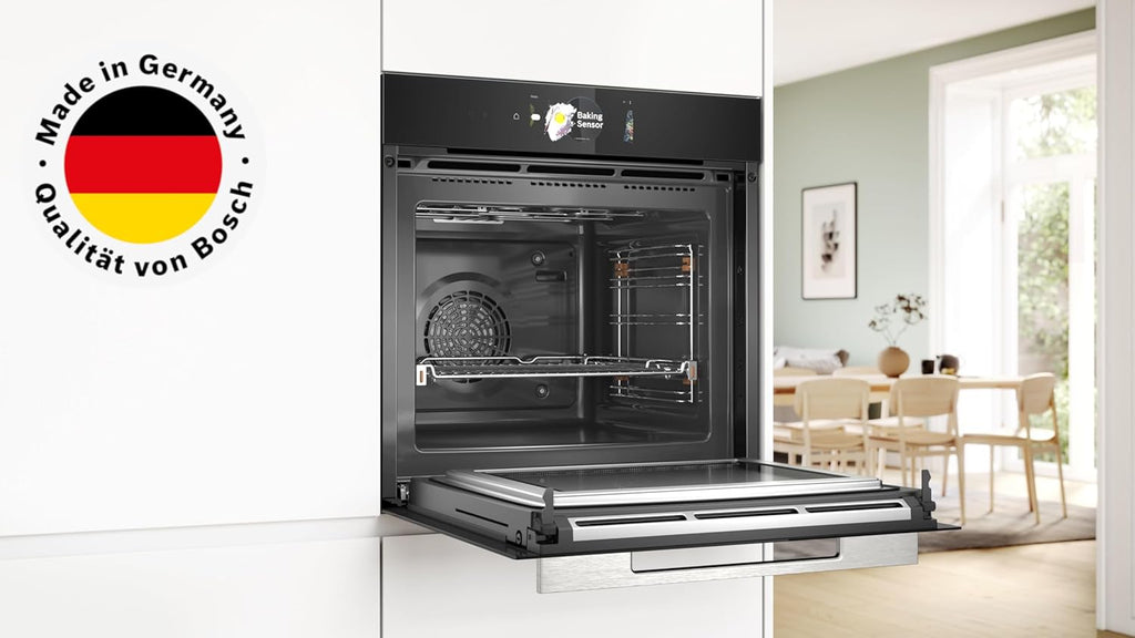 Bosch HMG7361B1, Serie 8 Forno da incasso intelligente con funzione microonde, 60 x 60 cm, Made in Germany, Nero, Air Fry, Anello di controllo digitale, Display touch, Programmi automatici, Supporto per la pulizia