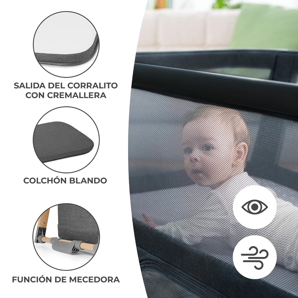 Kinderkraft Culla da Viaggio 4 in 1 SOFI, Culle per Bambini, Lettino, Lettino da Affiancare al Letto, Lettino da Viaggio con Accessori, con Funzione Box, Design Moderno, Dimensioni Ridotte da Piegato, Grigio