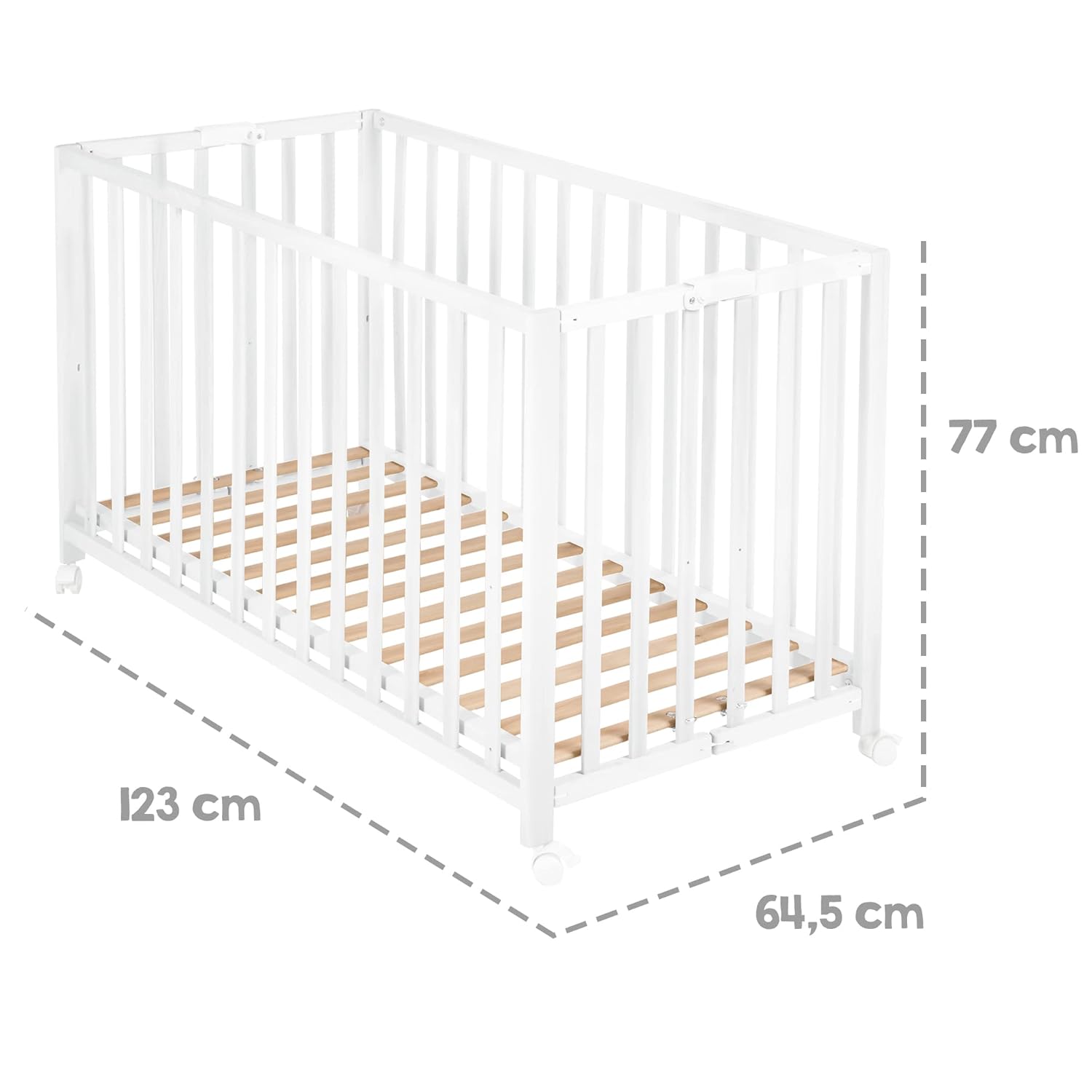 roba Klappbett Fold Up 60 x 120 - Klappbares Babybett aus Holz - 2-fach höhenverstellbar - Platzsparendes Gitterbett auf Rollen - Weiß