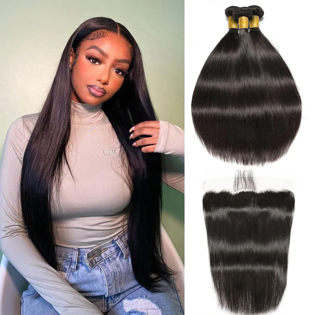 LavishBeauty Straight Brazilian Virgin Hair Bundles mit 13x4 Lace Frontal