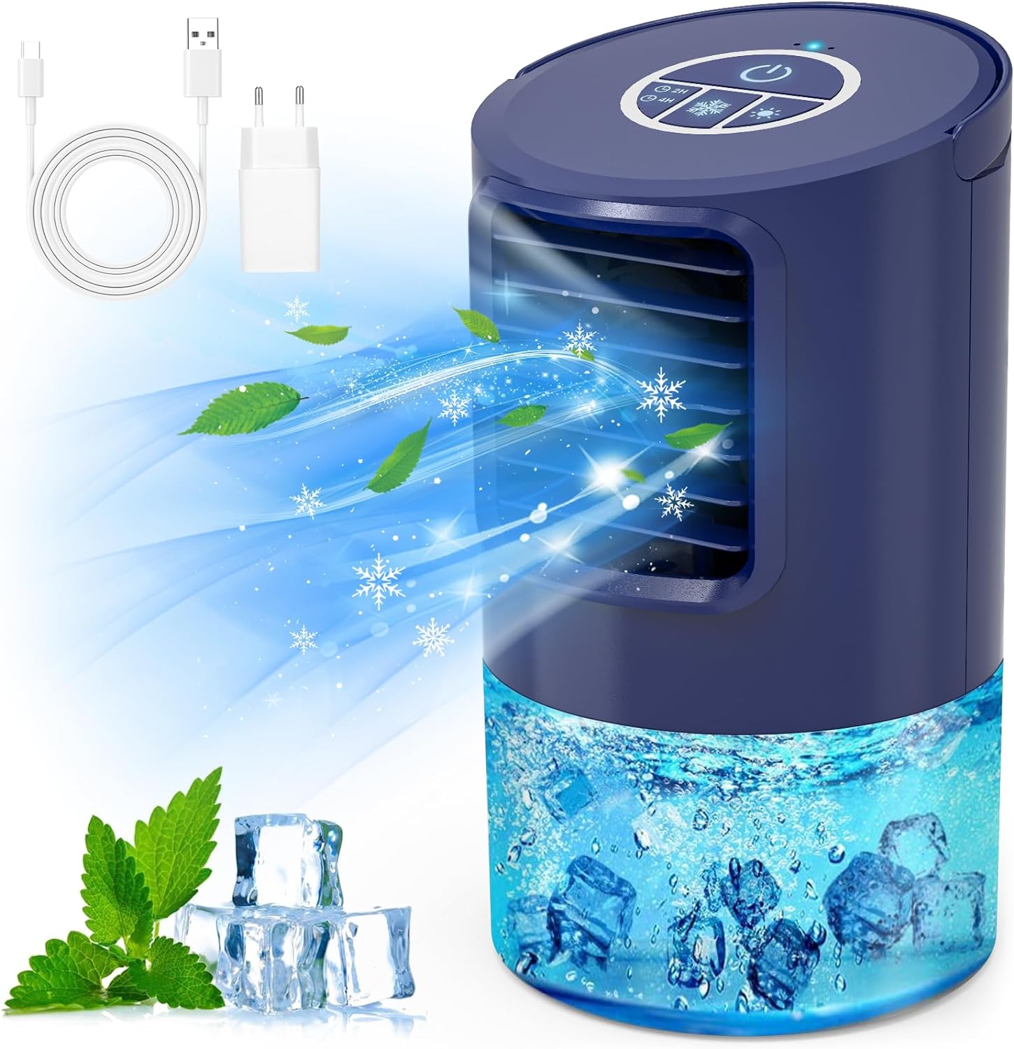 RenFox Condizionatore d'aria mini raffreddatore d'aria, 5 in 1 climatizzatore mobile, raffreddatore d'aria, ventilatore, umidificatore, 3 velocità, 7 LED, raffreddatore d'aria piccolo per casa e ufficio