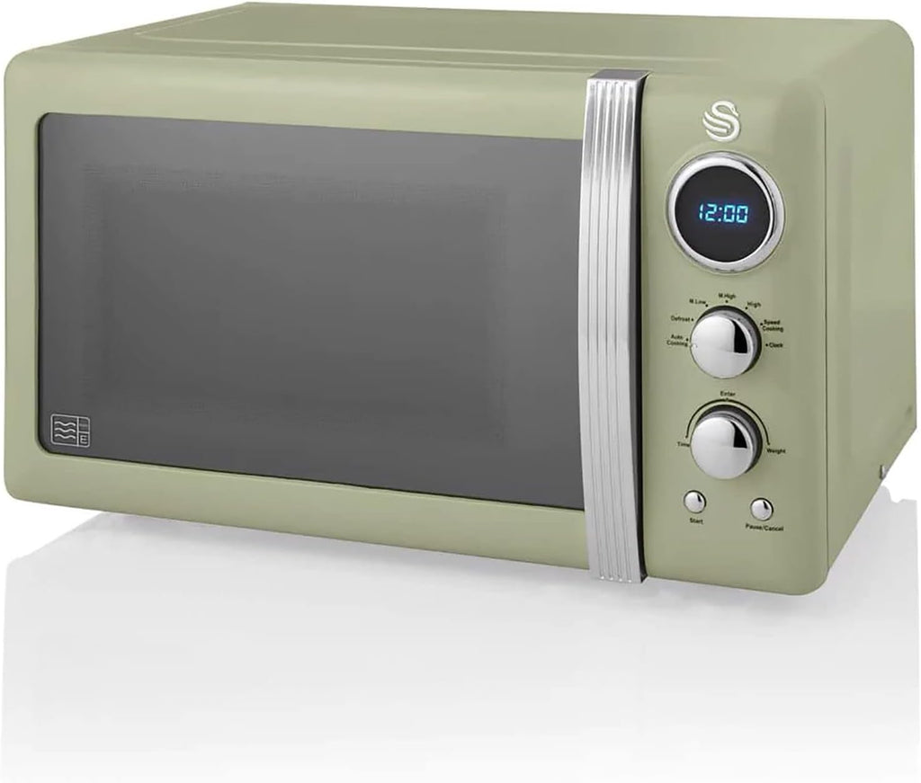 Swan Retro Set Colazione, Bollitore 1,8 l, Tostapane a 2 Fessure Larghe, Microonde Digitale 20 l, 6 Livelli di Potenza, Timer, Sportello a Specchio, Design Vintage, Verde, Taglia Unica