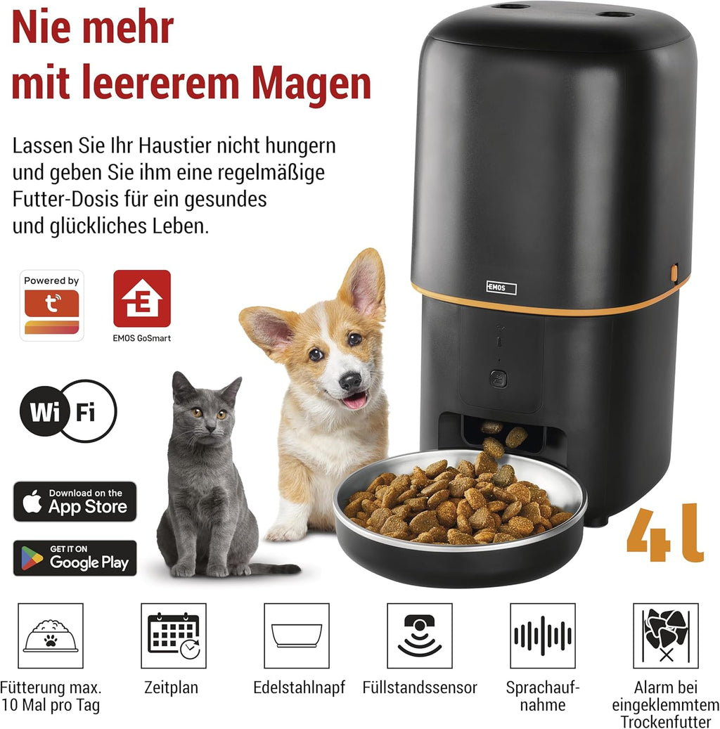 EMOS - GoSmart Futterautomat 6 l mit Kamera - WLAN Pet Care Futterspender mit App - Trockenfutter Automat für Katze & Hund mit Zeitplan, Sprachaufzeichnung, Dosierung 1–12 Mahlzeiten pro Tag - Schwarz