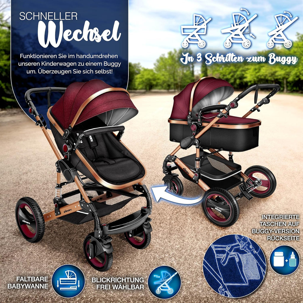 KIDUKU® Set completo passeggino 3 in 1 | Set passeggino combinato con navicella e sedile sportivo passeggino e seggiolino auto ovetto sacco a pelo | Ruote in gomma piena borsa per il cambio scaldamani parapioggia tavolino ECE R129