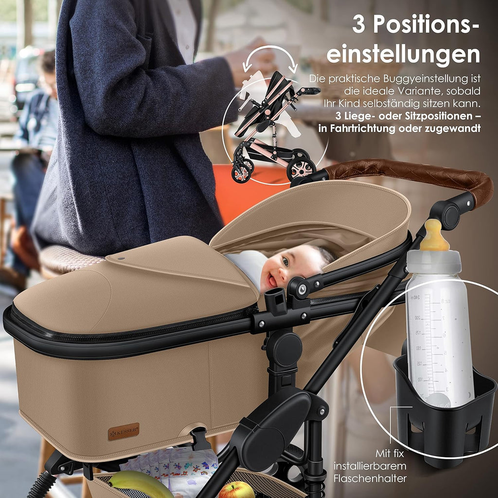 KESSER Passeggino trio Loops 3 in 1, set completo con navicella, seduta sportiva e seggiolino auto con pneumatici in gomma piena, borsa fasciatoio, parapioggia, tavolino, ECE R129, nero/champagne