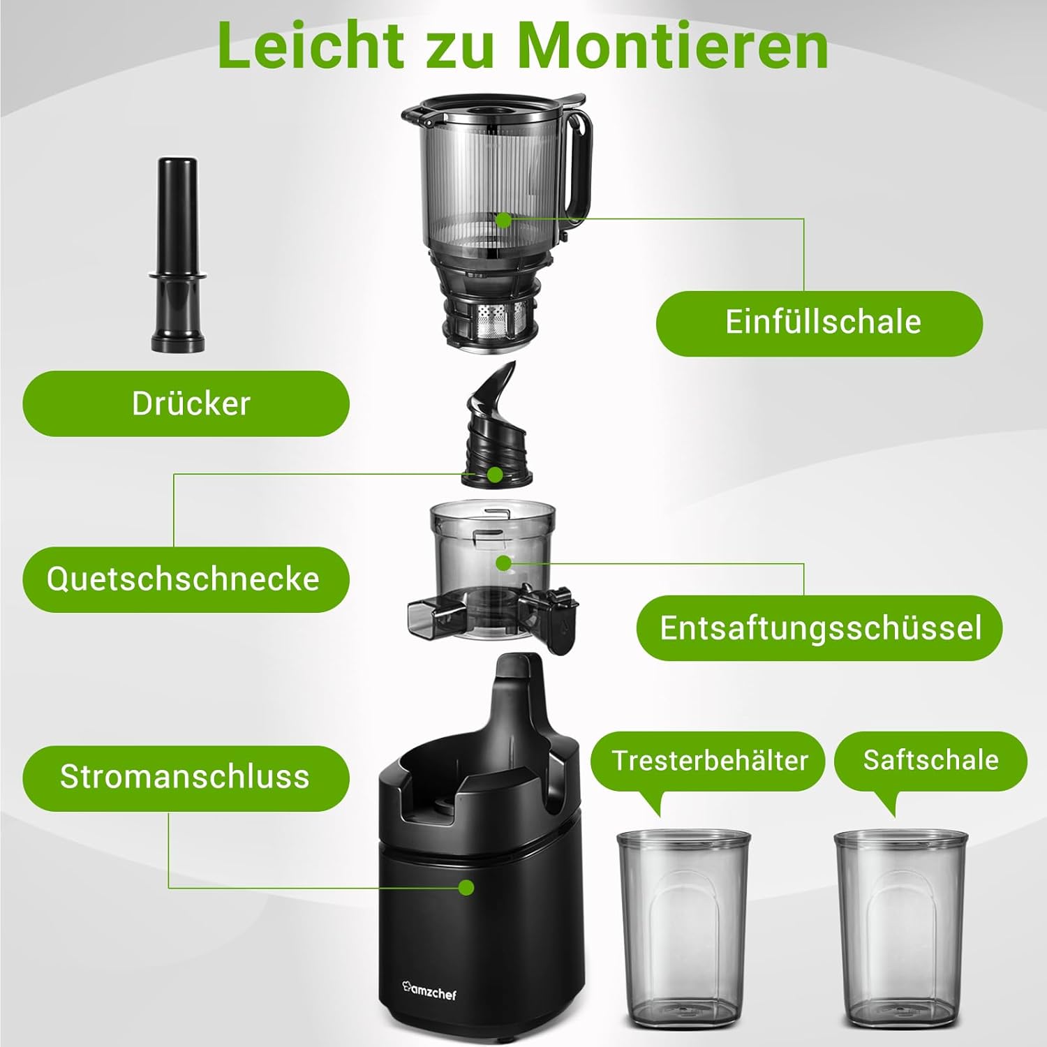 AMZCHEF Estrattore di Succo Automatico Tutto in Uno, Apertura da 135MM e Spremiagrumi da 1,8L per Frutta e Verdura, Estrattore di Succo Lento 250W Vincitore del Test con Triplo Filtro - Nero