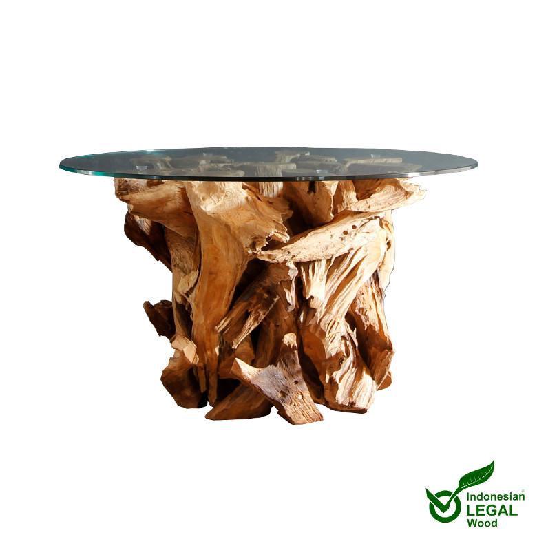 Tavolino da salotto IKAL fatto a mano in legno di radice con piano in vetro 80 cm