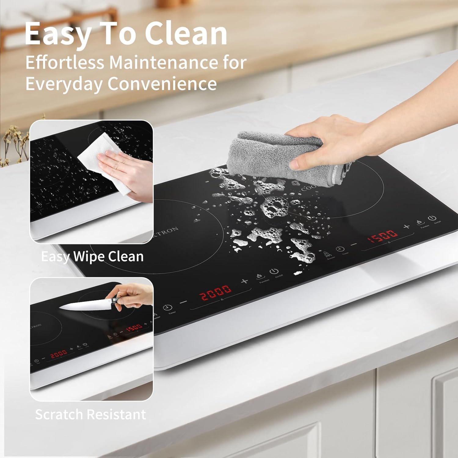 COOKTRON piano cottura a induzione a 2 fuochi, doppio piano cottura a induzione 3500W, 10 livelli di temperatura, 9 livelli di potenza, funzione Booster, timer di 4 ore, controllo touch, Nero